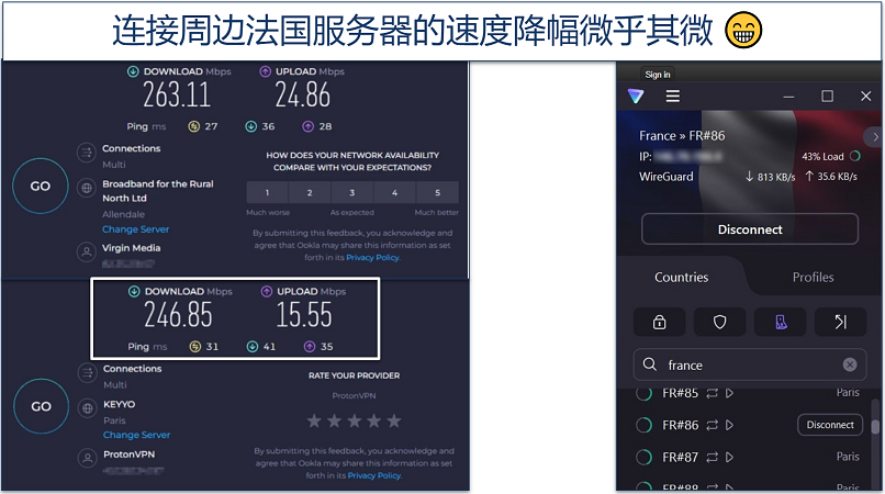 A screenshot of Ookla speed tests done while connected to Proton's France server and with no VPN connected