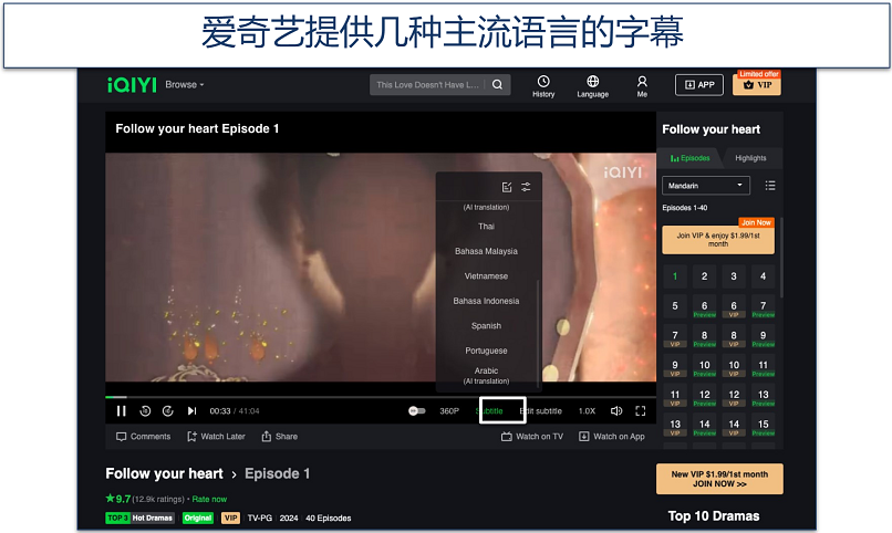 Screenshot of the subtitles settings on the iQIYI platform