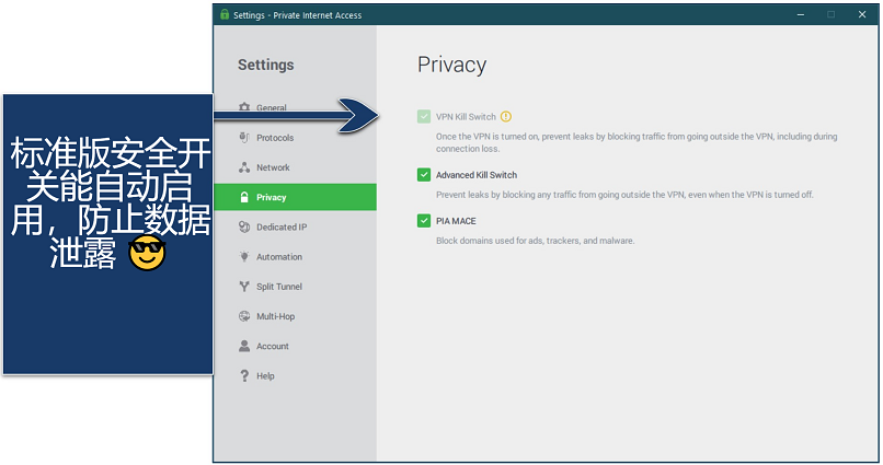 Screenshot of PIA's Windows app showing its privacy settings (kill switch and MACE)