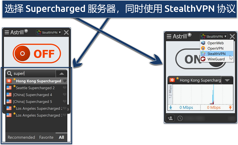 Screenshot of the AstrillVPN Windows app connected to Hong Kong Supercharged server with StealthVPN protocol.