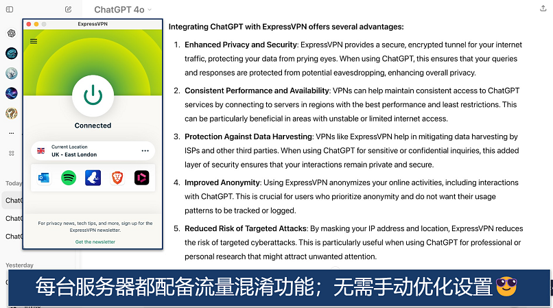 Screenshot showing the ExpressVPN app over a ChatGPT window