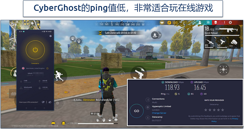 Screenshot of Free Fire gameplay with CyberGhost connected