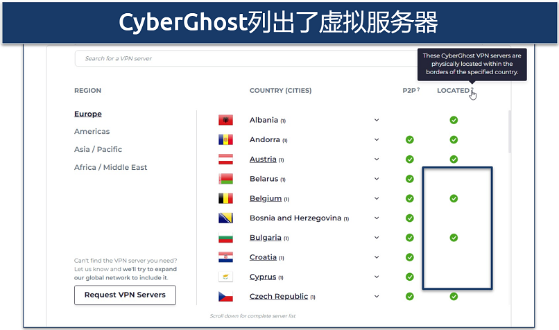 CyberGhost虚拟和实体服务器列表的截图