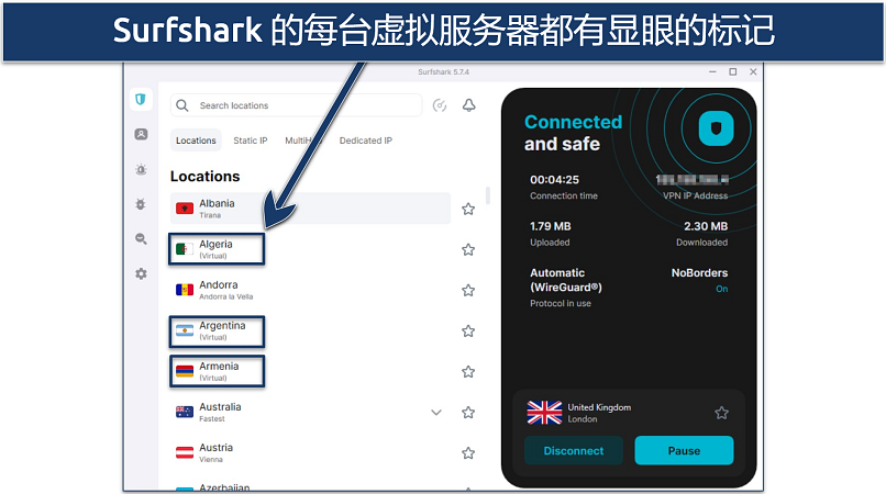 Screenshot of Surfshark's Windows app highlighting the virtual servers