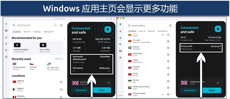 Screenshots comparing Surfshark's Windows and macOS apps