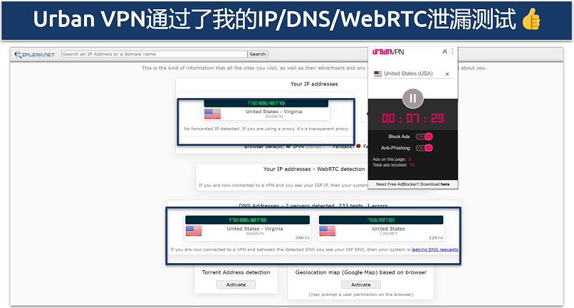 Screenshot of the Urban VPN extension leak tests