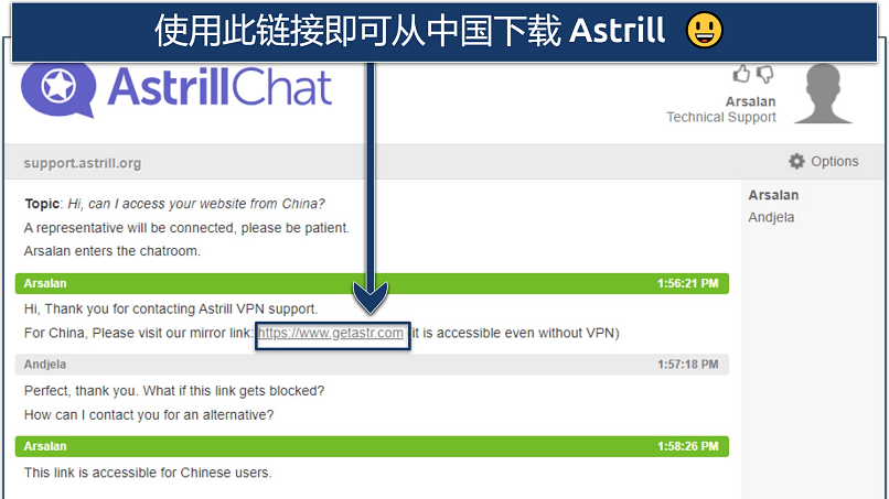 Screenshot showing Astill VPN live chat window with information about mirror links for China