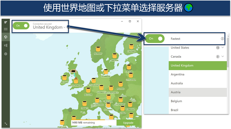 Screenshot of TunnelBear's free Windows VPN app showing server map and drop-down list