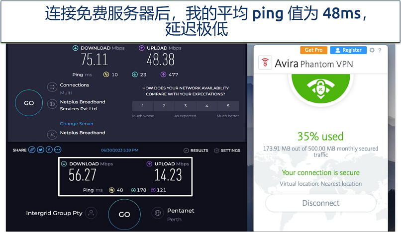 Screenshot of Avira Phantom VPN's speed tests