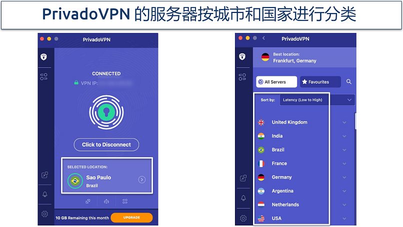 Screenshots of the PrivadoVPN interface and free server list