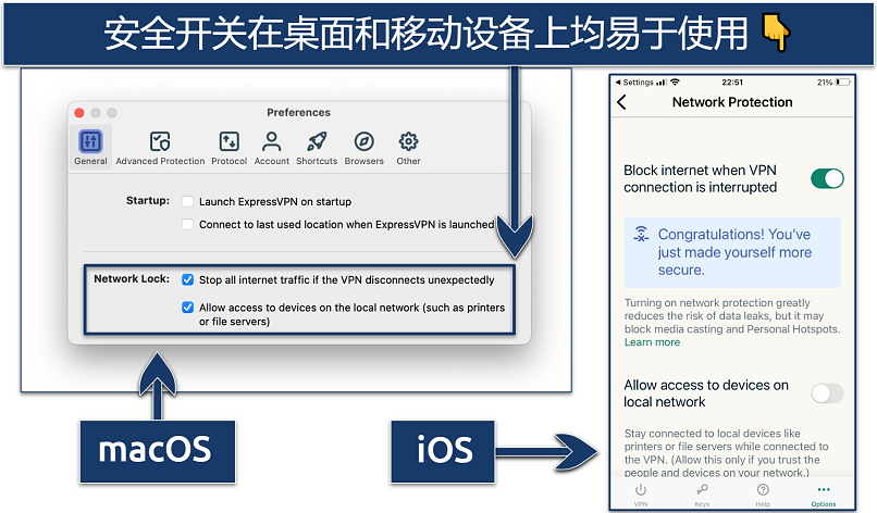 Screenshot showing how to activate the kill switch on ExpressVPN's desktop and mobile apps