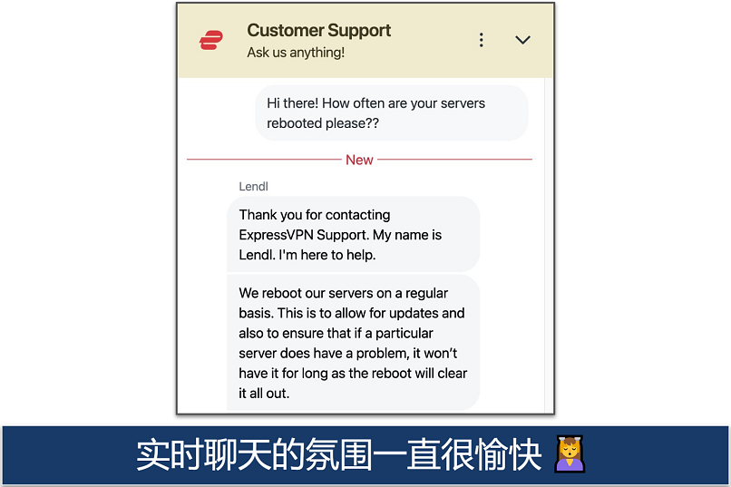 Screenshot showing a chat with the ExpressVPN Customer Support team