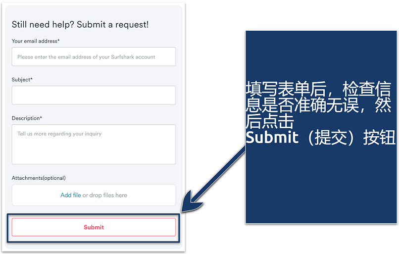 Screenshot of submitting a request on the Surfshark page