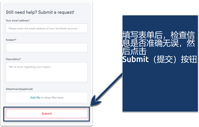 Screenshot of submitting a request on the Surfshark page