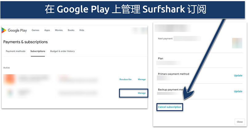Screenshots showing canceling plans on Google