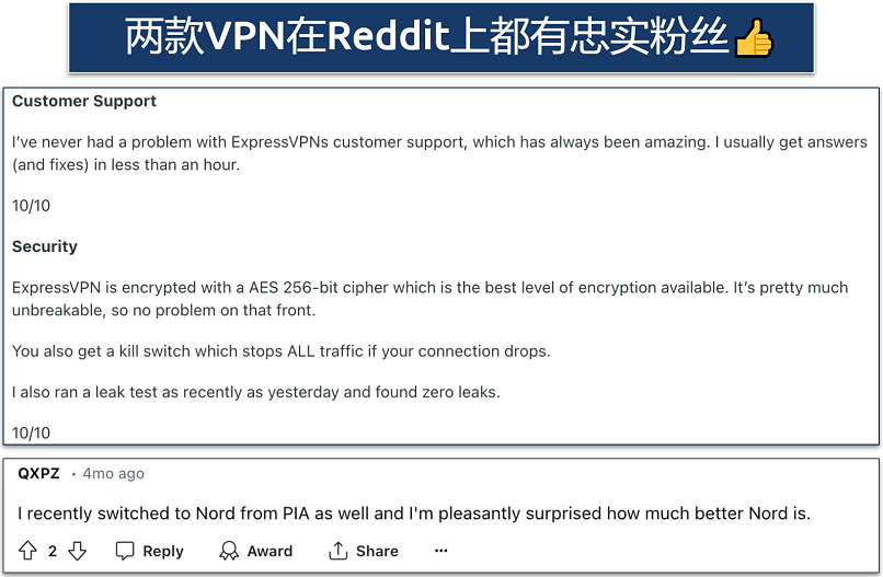 Screenshot showing positive feedback on Reddit for ExpressVPN and NordVPN