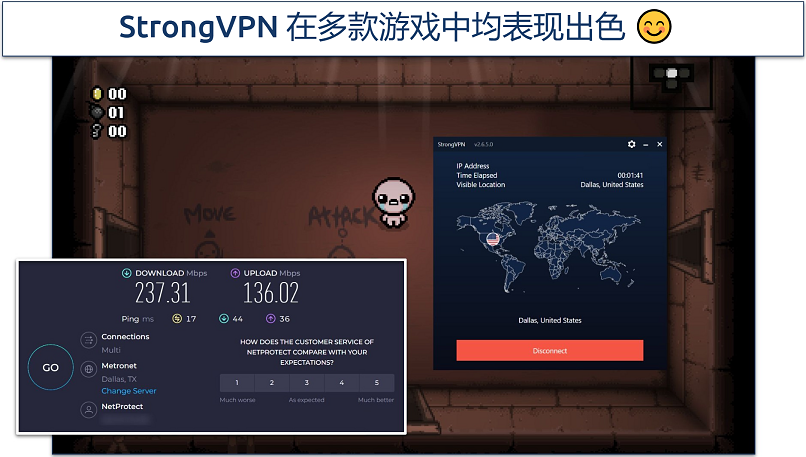 Screenshot of The Binding of Isaac being played while connected to StrongVPN's Dallas server