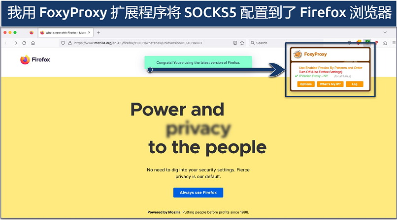 Screenshot of IPVanish SOCKS5 proxy set up in Firefox