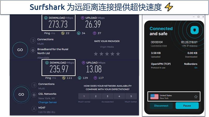 Screenshot of Surfshark speed test results on New York server