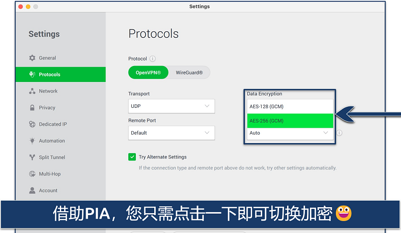 Screenshot showing the Protocols panel in PIA's Settings