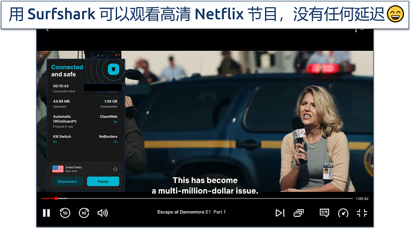 Screenshot showing Surfshark streaming Netflix US with its NYC server