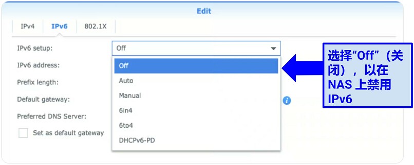 Screenshot showing how to disable IPv6 on Synology NAS