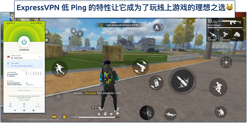 Screenshot of Free Fire gameplay with ExpressVPN connected