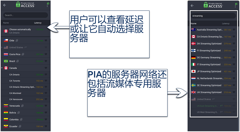Image showing the streaming optimized servers on Private Internet Access App interface.