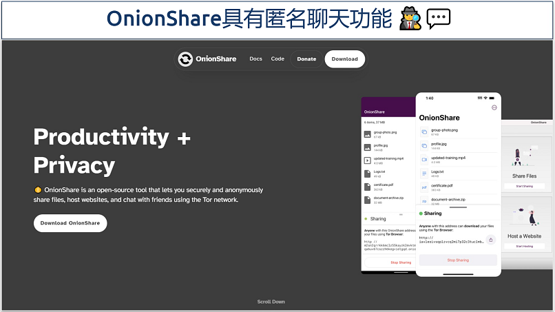 Image showing the main page of the OnionShare tor website