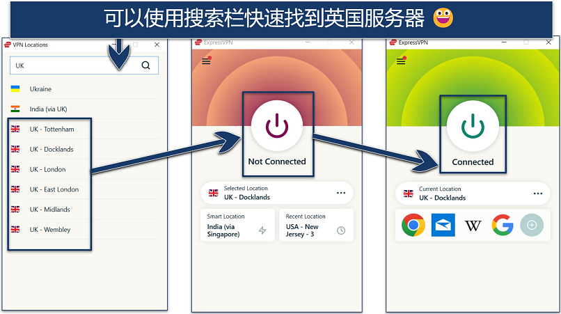 Screenshot showing the UK servers available on ExpressVPN, with a connection to one of them