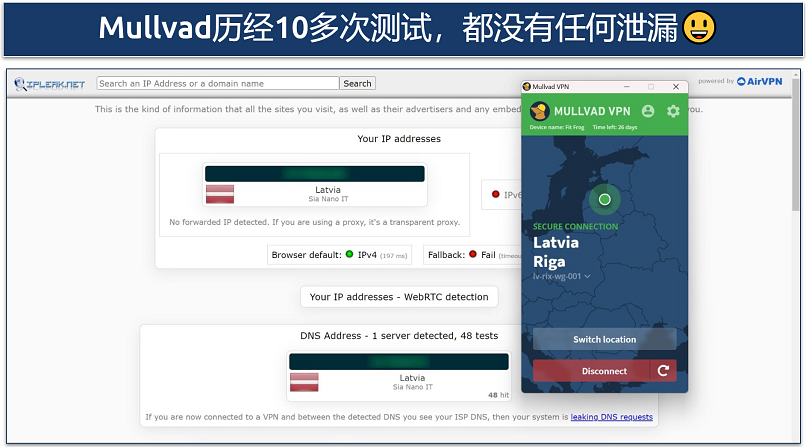Screenshot of leak tests on ipleak.net done while connected to Mullvad's Latvia server