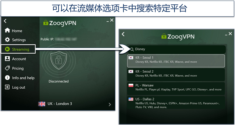 Screenshot of the ZoogVPN app for Windows highlighting the search bar in the Streaming tab