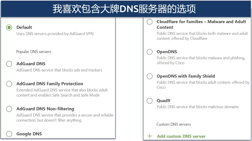 A screenshot showing that AdGuard VPN offers different DNS filtering capabilities, including options for third-party services