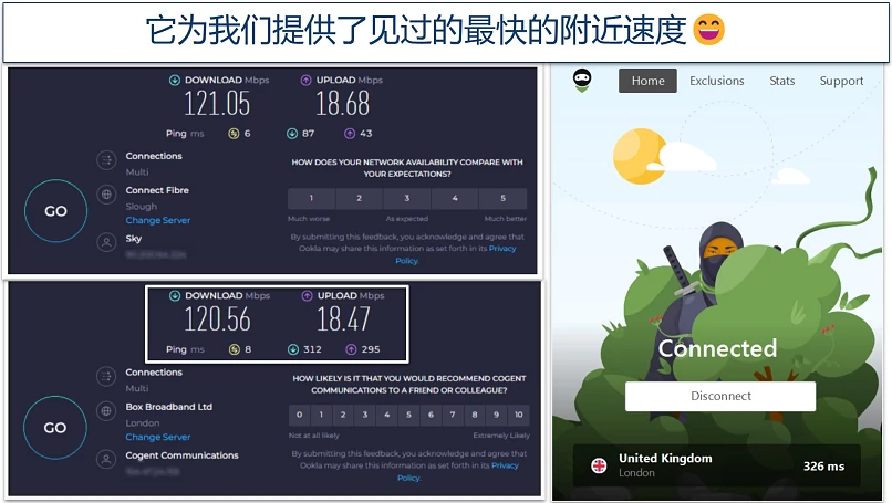 A screenshot of Ookla speed tests done while connected to AdGuard VPN's UK server and with no VPN connected