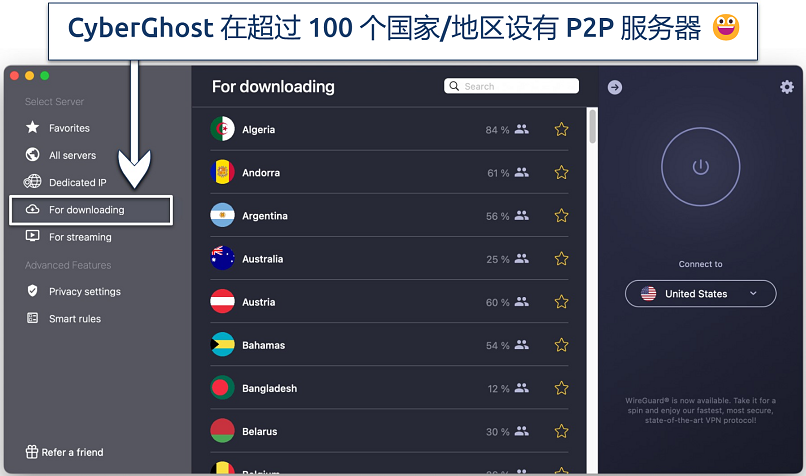 Screenshot showing CyberGhost's specialty P2P For downloading servers