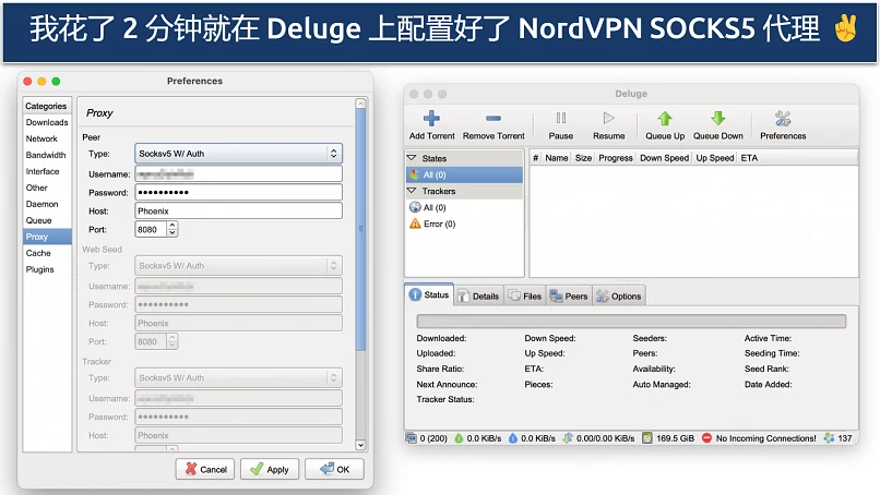 Screenshot showing how to configure NordVPN's SOCKS5 proxy to Deluge
