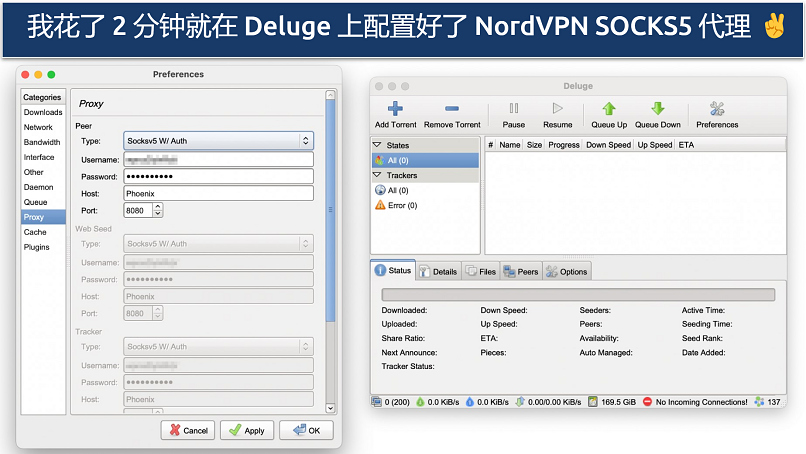 Screenshot showing how to configure NordVPN's SOCKS5 proxy to Deluge