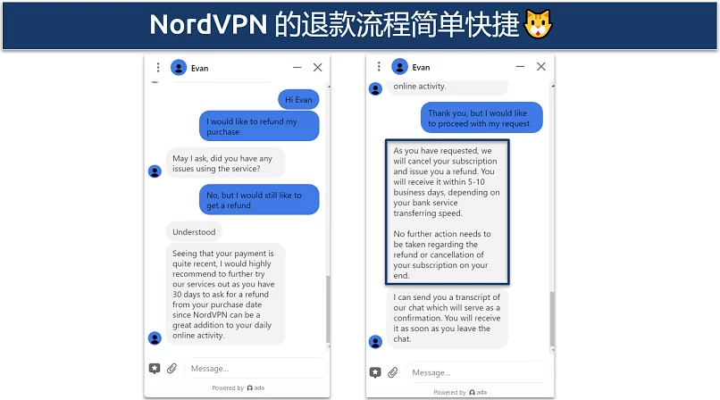Screenshot of conversation with NordVPN live chat support agent requesting a refund during the 30-day guarantee period