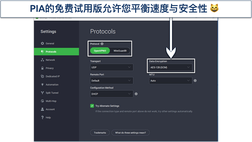 Screenshot of PIA's Windows app showing customizable features