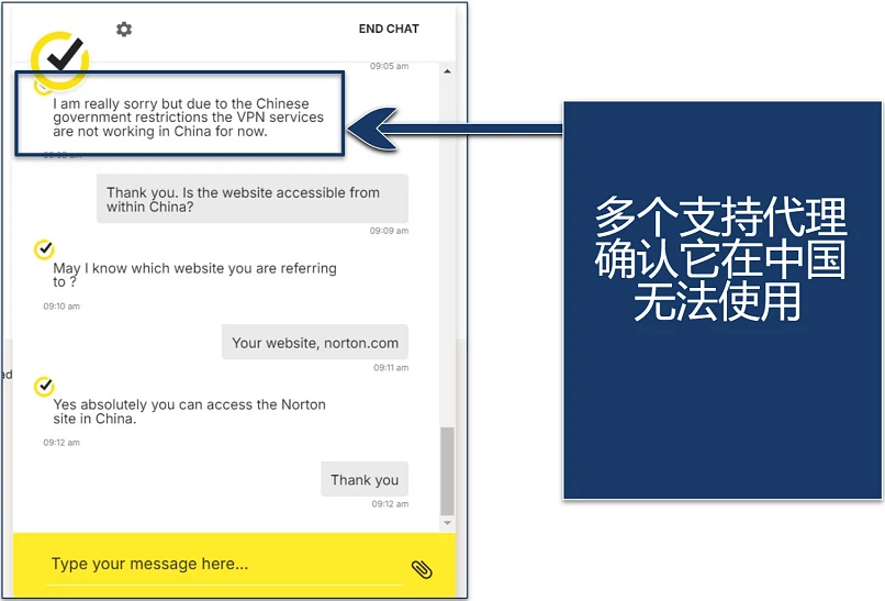 Screenshot of a conversation with Norton VPN customer support regarding the VPN use in China