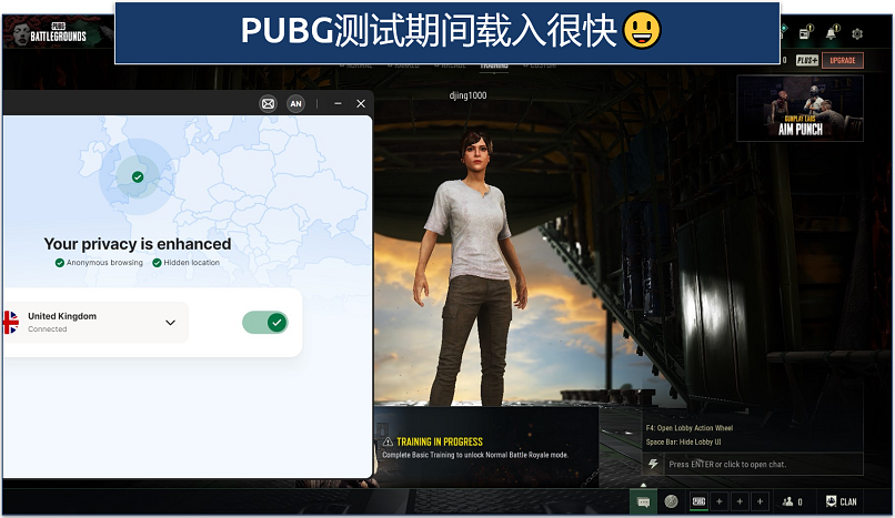 Screenshot of PUBG loading with Norton VPN connected to the UK