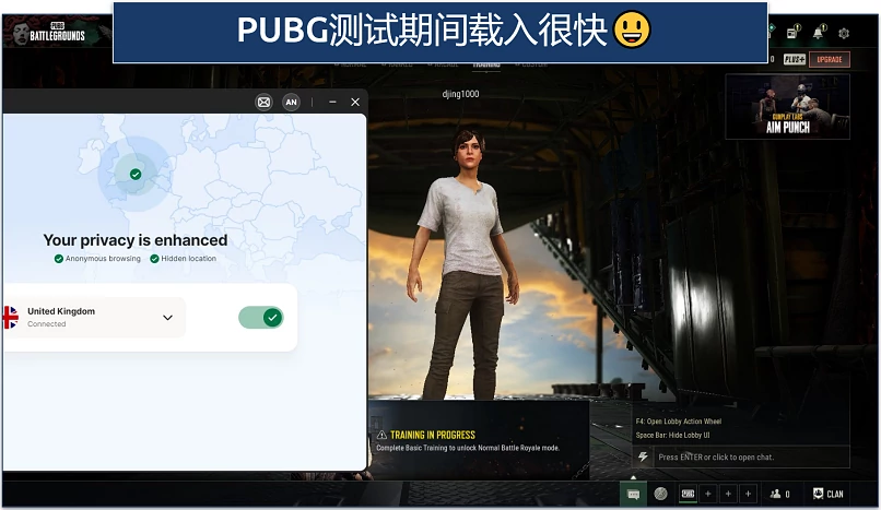 Screenshot of PUBG loading with Norton VPN connected to the UK
