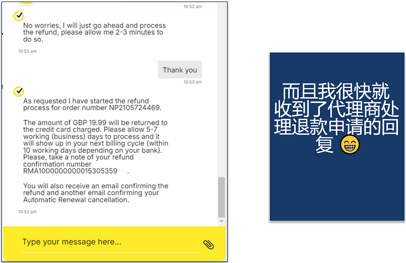 Screenshot of a conversation with Norton VPN support, asking for a refund
