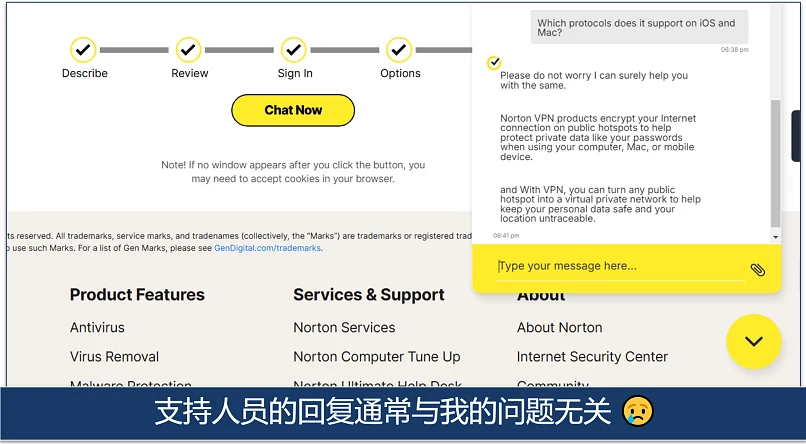Screenshot of a conversation with Norton VPN's live chat agent