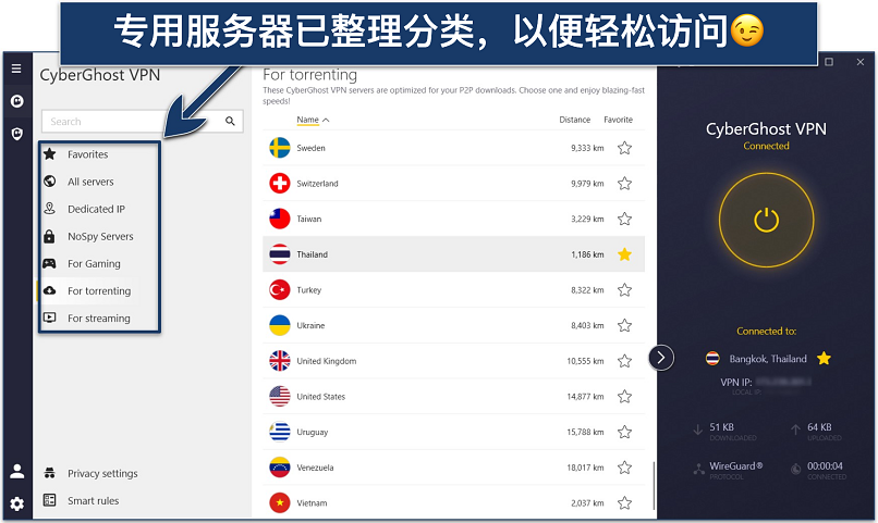 Screenshot of the CyberGhost Windows app with its specialty server categories highlighted