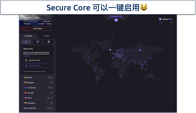 Screenshot of ProtonVPN's interface showing an active VPN connection