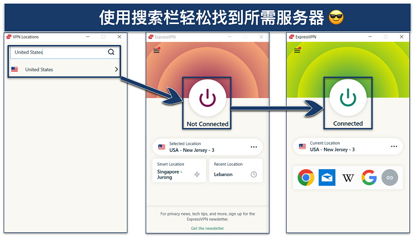 Screenshot of ExpressVPN's app with the United States servers