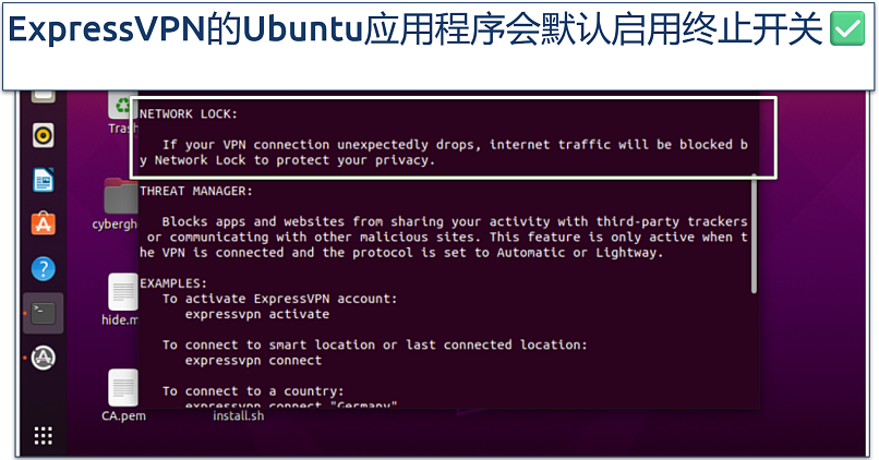 A screenshot showing that ExpressVPN's Ubuntu app comes with a kill switch (Network Lock)