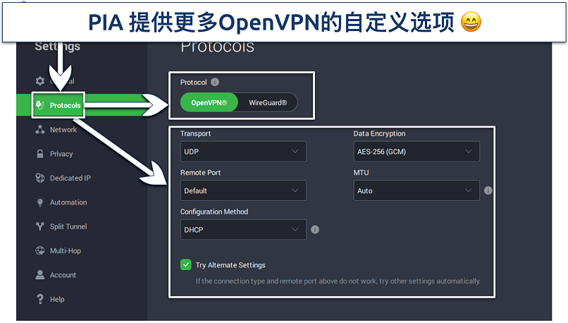 Screenshot of the PIA app showing protocol settings with OpenVPN highlighted