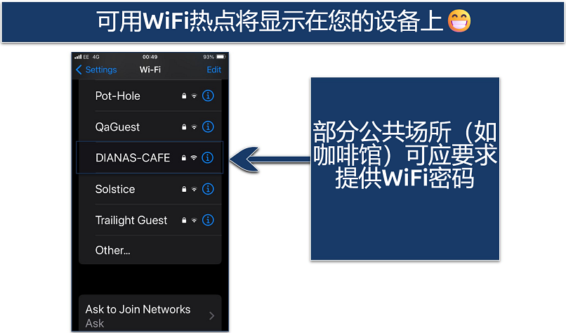 Screenshot showing the available WiFi hotspots on an iPhone